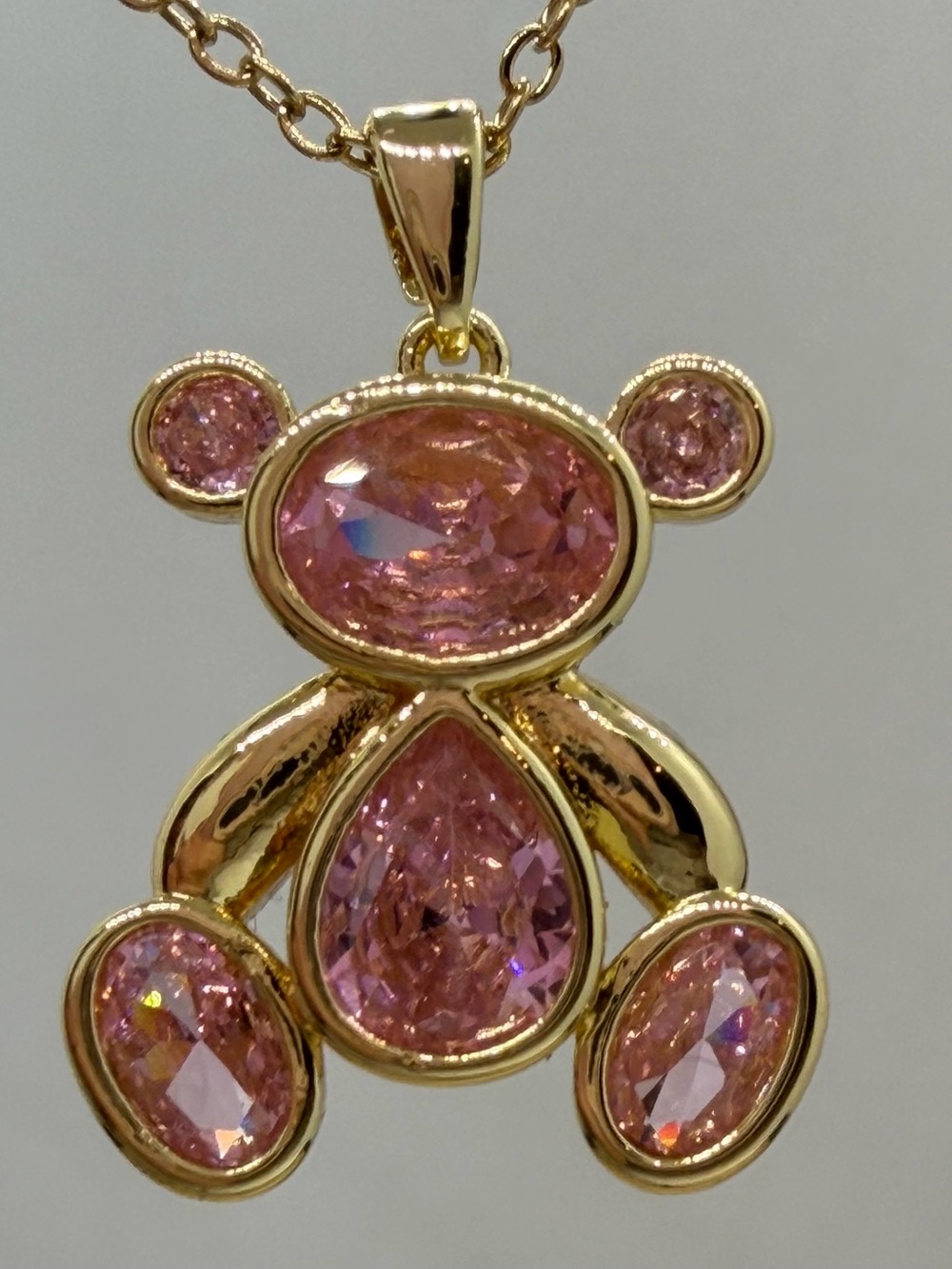 Delicate Pink Crystal Teddy Bear Pendant Necklace - Gold Tone